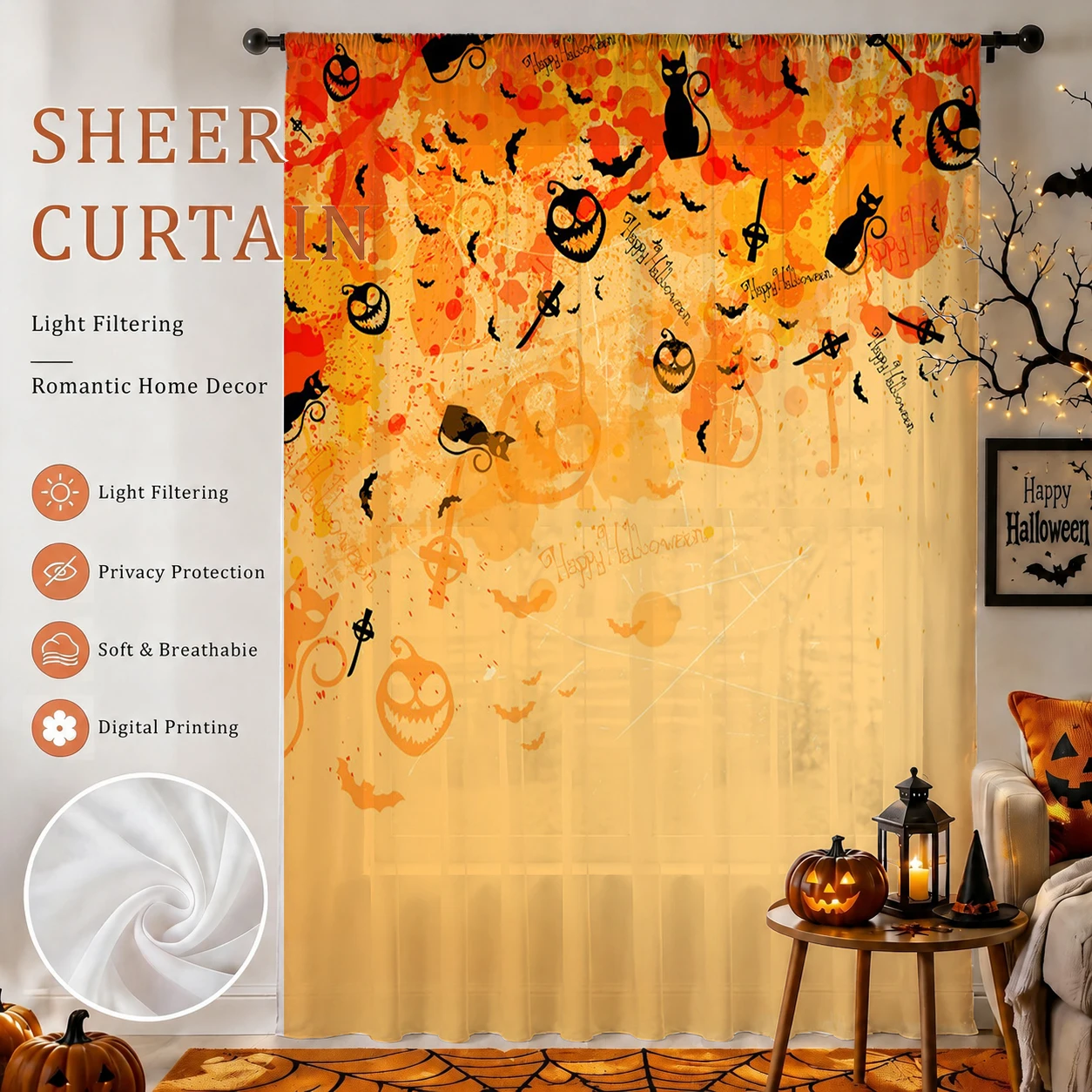 1Pc Spooky Halloween Sheer Cur - Curtain Rods 评论和价格