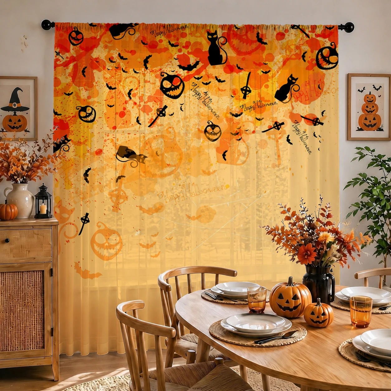 1Pc Spooky Halloween Sheer Cur - Curtain Rods 评论和价格