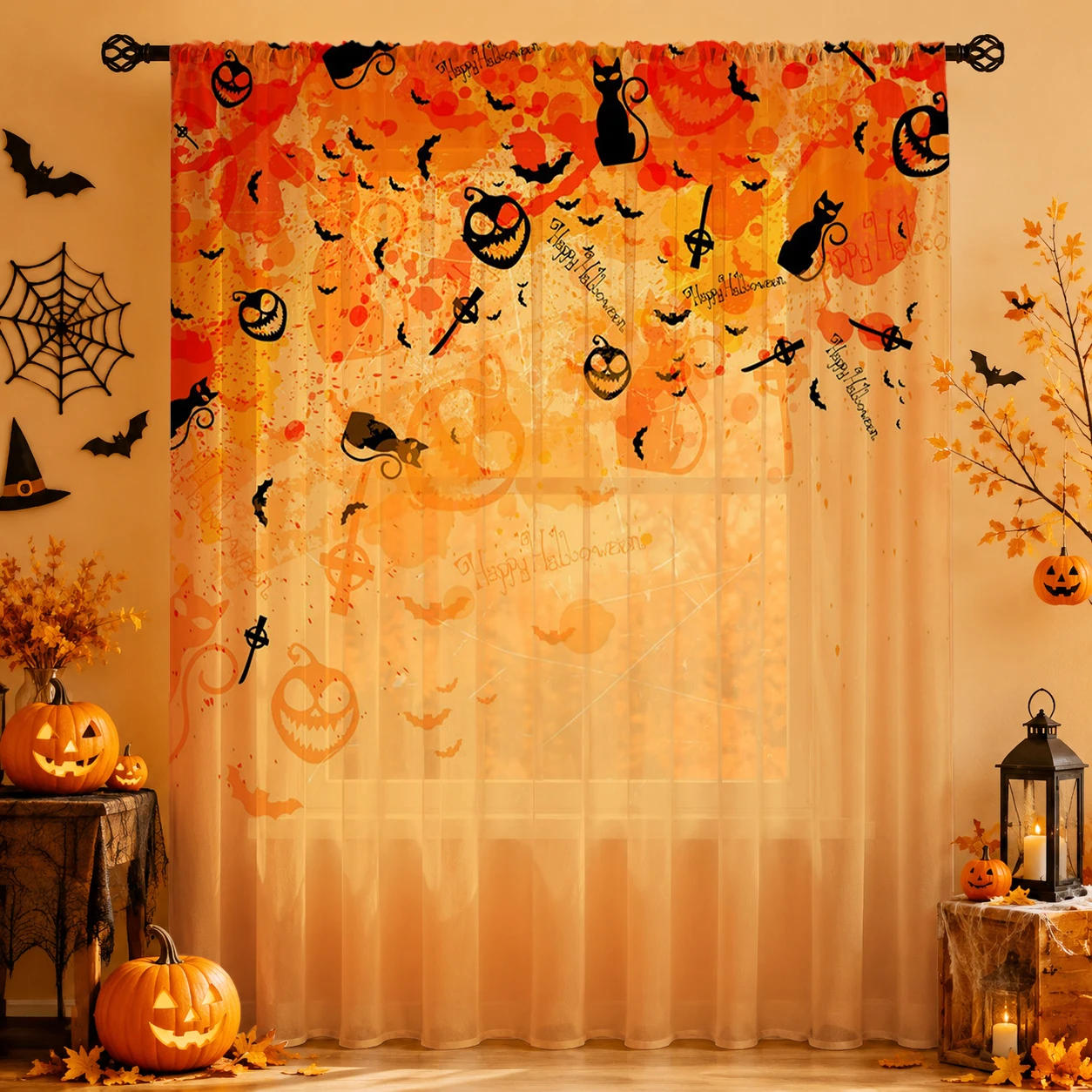 1Pc Spooky Halloween Sheer Cur - Curtain Rods 评论和价格