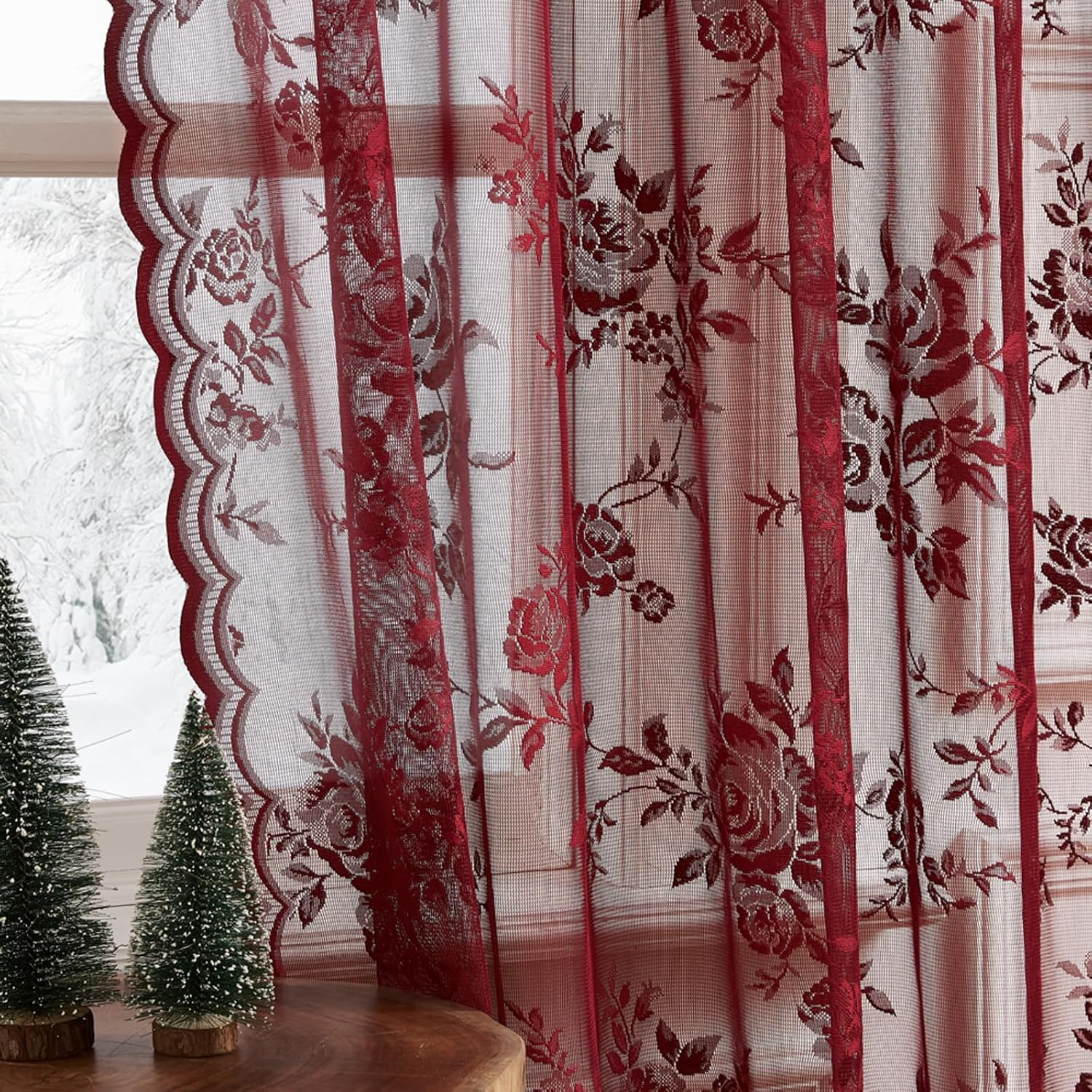 1 PC Burgundy Lace Curtains 45 - Curtain Rods 评论和价格